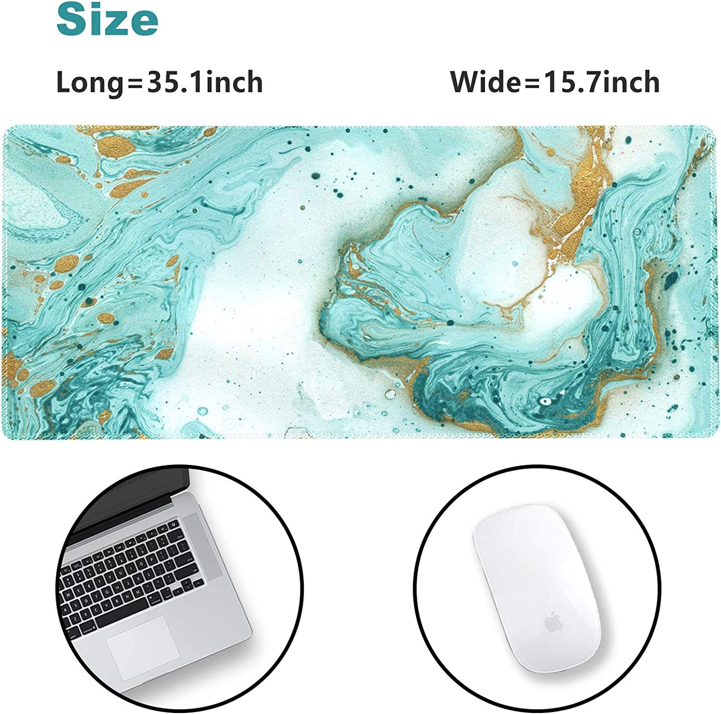 Extended Gaming Mouse Pad XXL Large Keyboard Mat Long Mousepad Desk Decor Writing Pad Non Slip Rubber Base Stitched Edges for Work, Game, Office, Home, 35.1 X 15.7 In, Teal Turqoise Marble