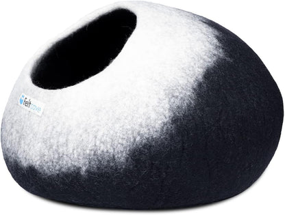 Medium Cat Cave Bed | Black & White | Cute and Cozy Cat Cave Handcrafted Merino Wool | Hideaway for Indoor Cats | Warming Nest for Kitty | Washable Wool Fabric - Gift for Pets
