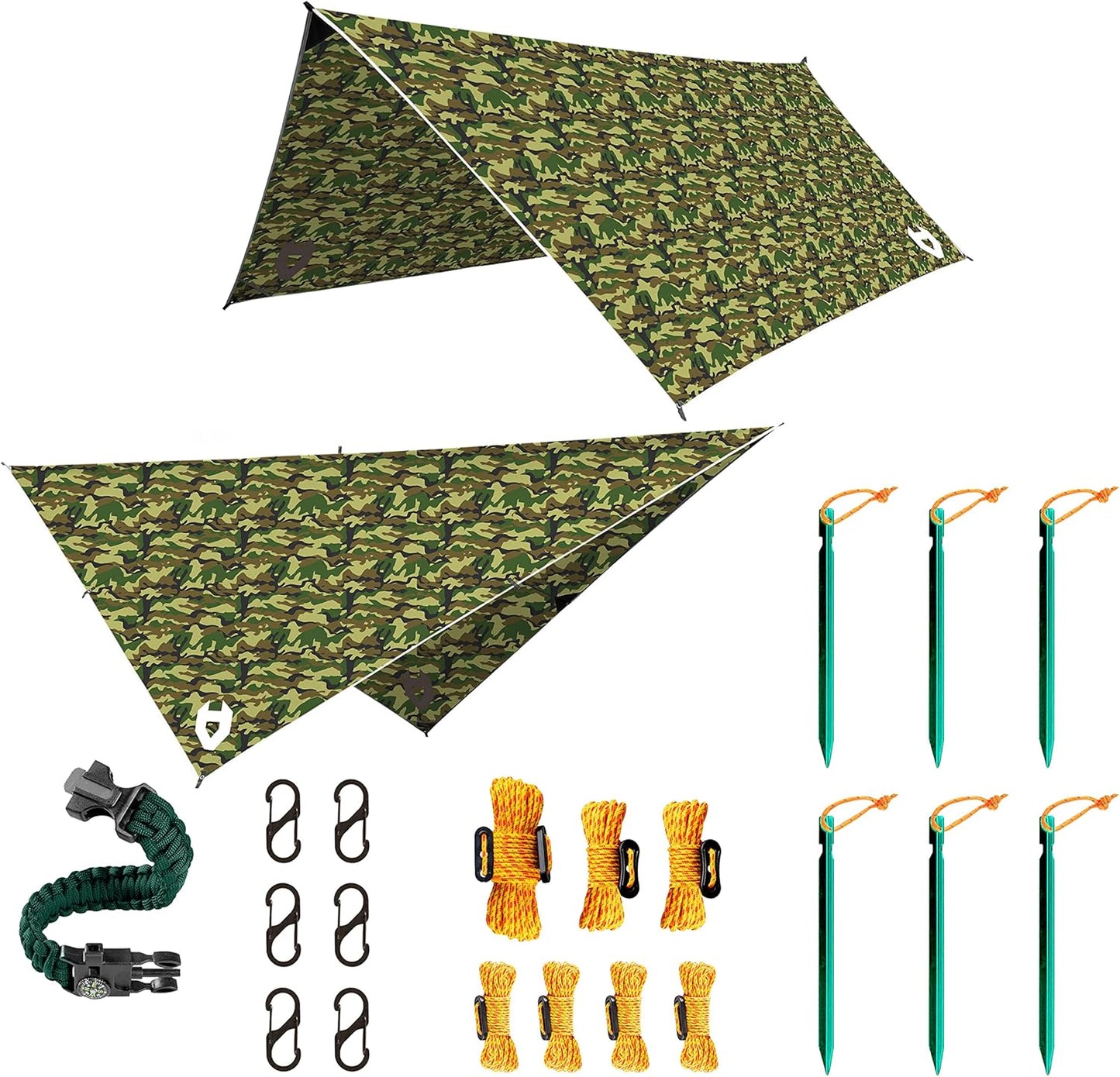 Rain Fly 10X10 Lightweight Survival Camping Tarp; 100% Waterproof; Makes a Great Backpacking Tarp or Hammock Shelter; Comes in Multiple Colors, Survival Bracelet Included; Camo