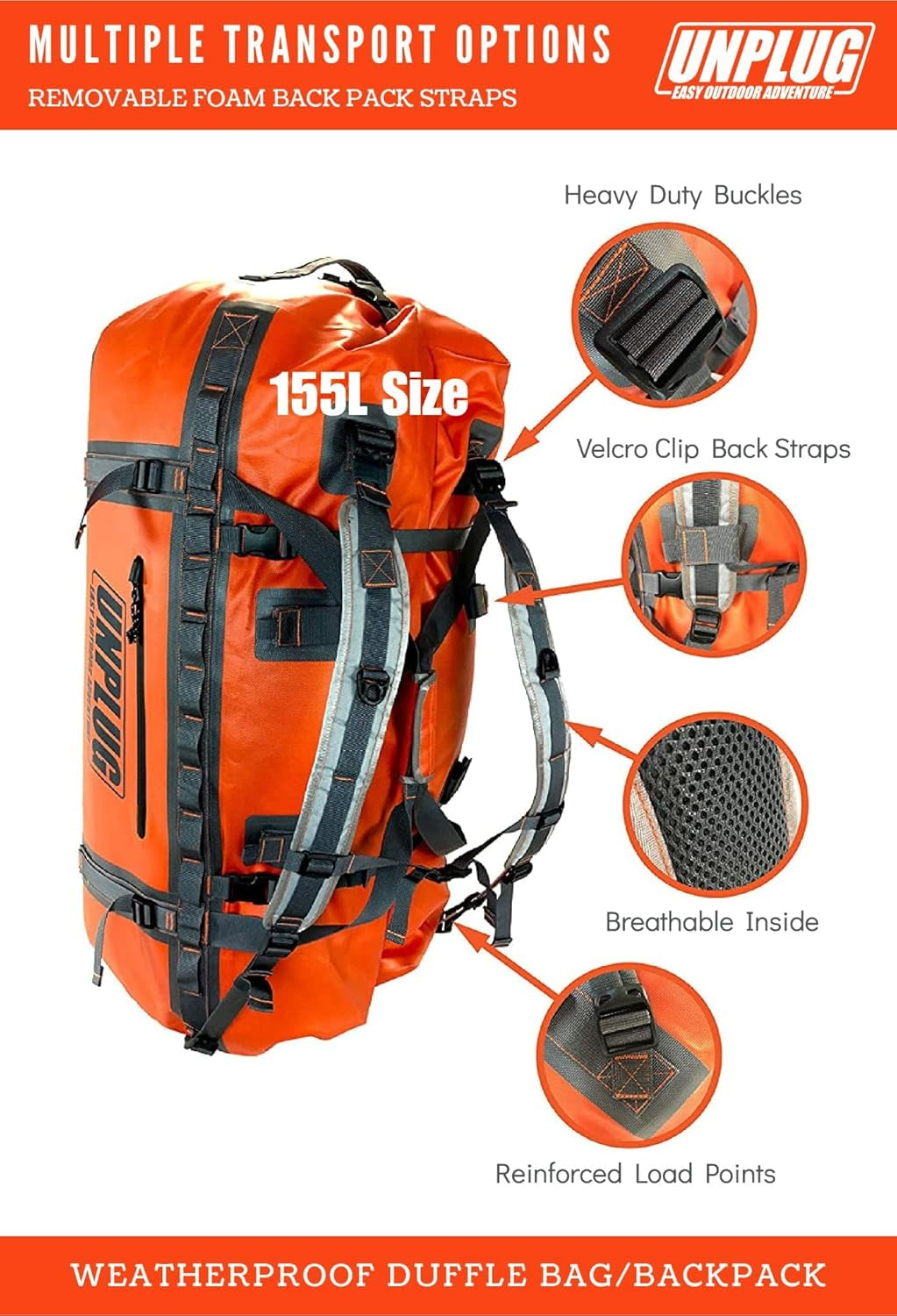 UNPLUG Ultimate Adventure Bag | 1680D Heavy Duty Waterproof Bag | Large Travel Duffle Bag Which Can Be Used for Camping, Motorcycling, Boating, or Hunting