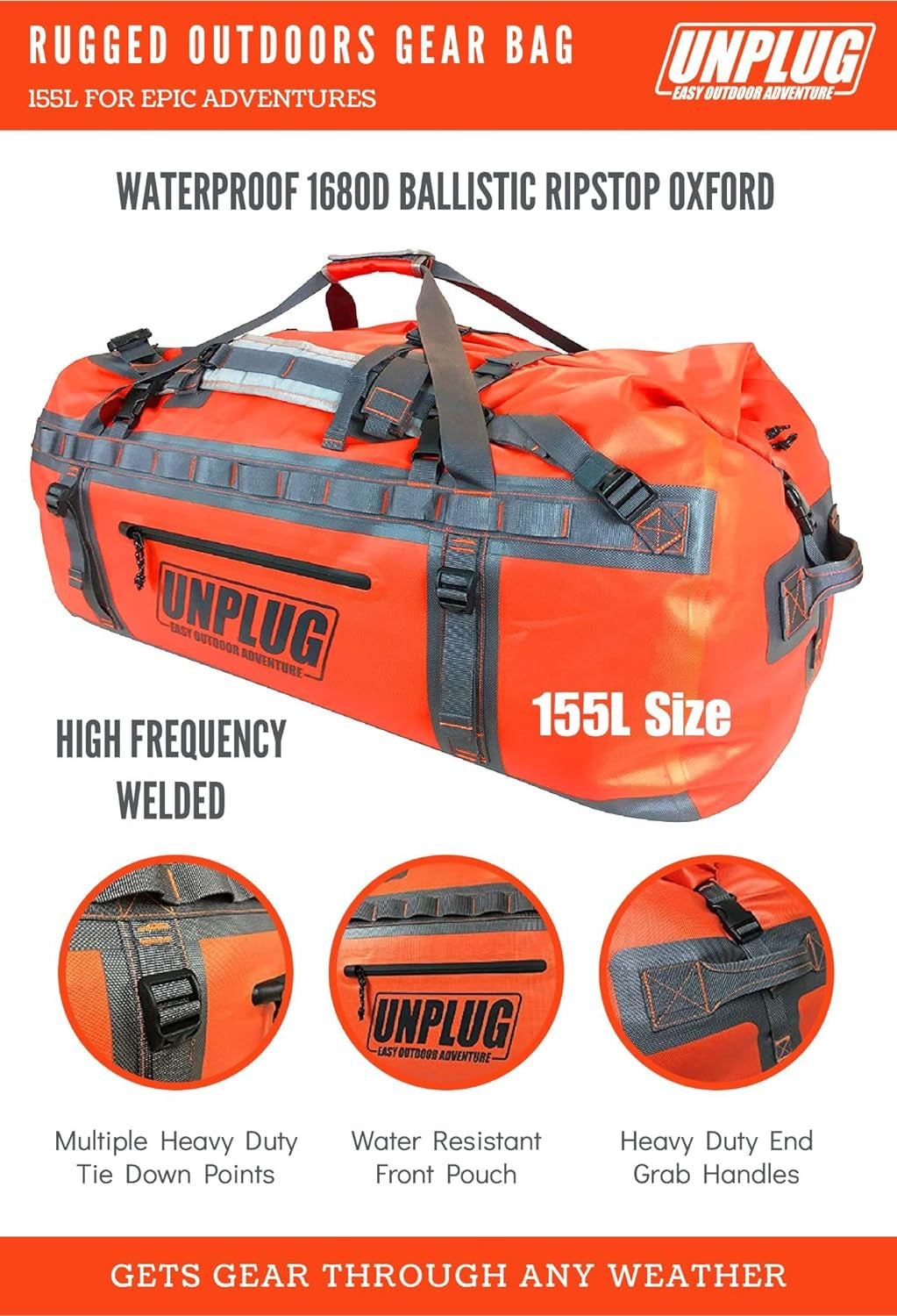 UNPLUG Ultimate Adventure Bag | 1680D Heavy Duty Waterproof Bag | Large Travel Duffle Bag Which Can Be Used for Camping, Motorcycling, Boating, or Hunting