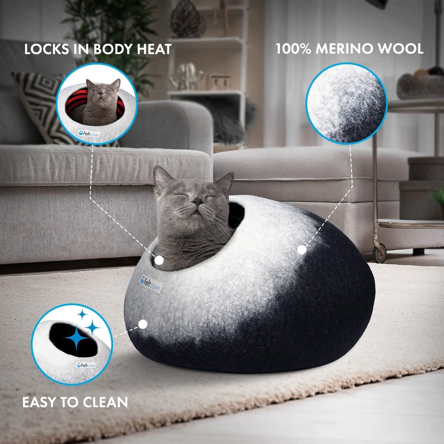 Medium Cat Cave Bed | Black & White | Cute and Cozy Cat Cave Handcrafted Merino Wool | Hideaway for Indoor Cats | Warming Nest for Kitty | Washable Wool Fabric - Gift for Pets