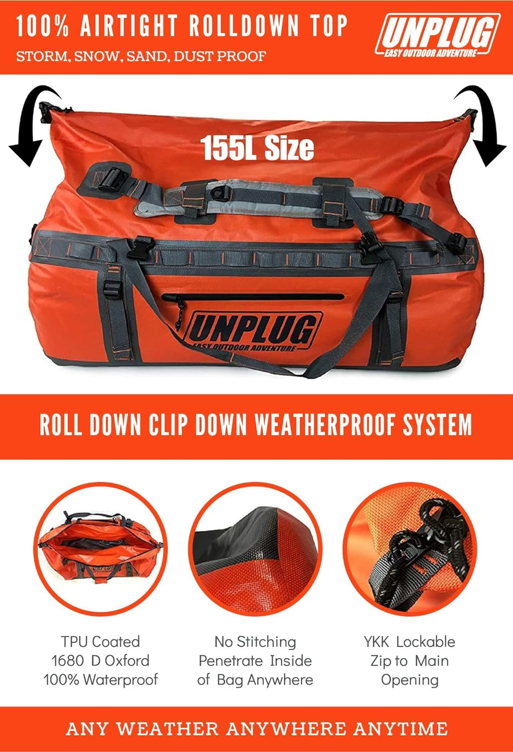 UNPLUG Ultimate Adventure Bag | 1680D Heavy Duty Waterproof Bag | Large Travel Duffle Bag Which Can Be Used for Camping, Motorcycling, Boating, or Hunting