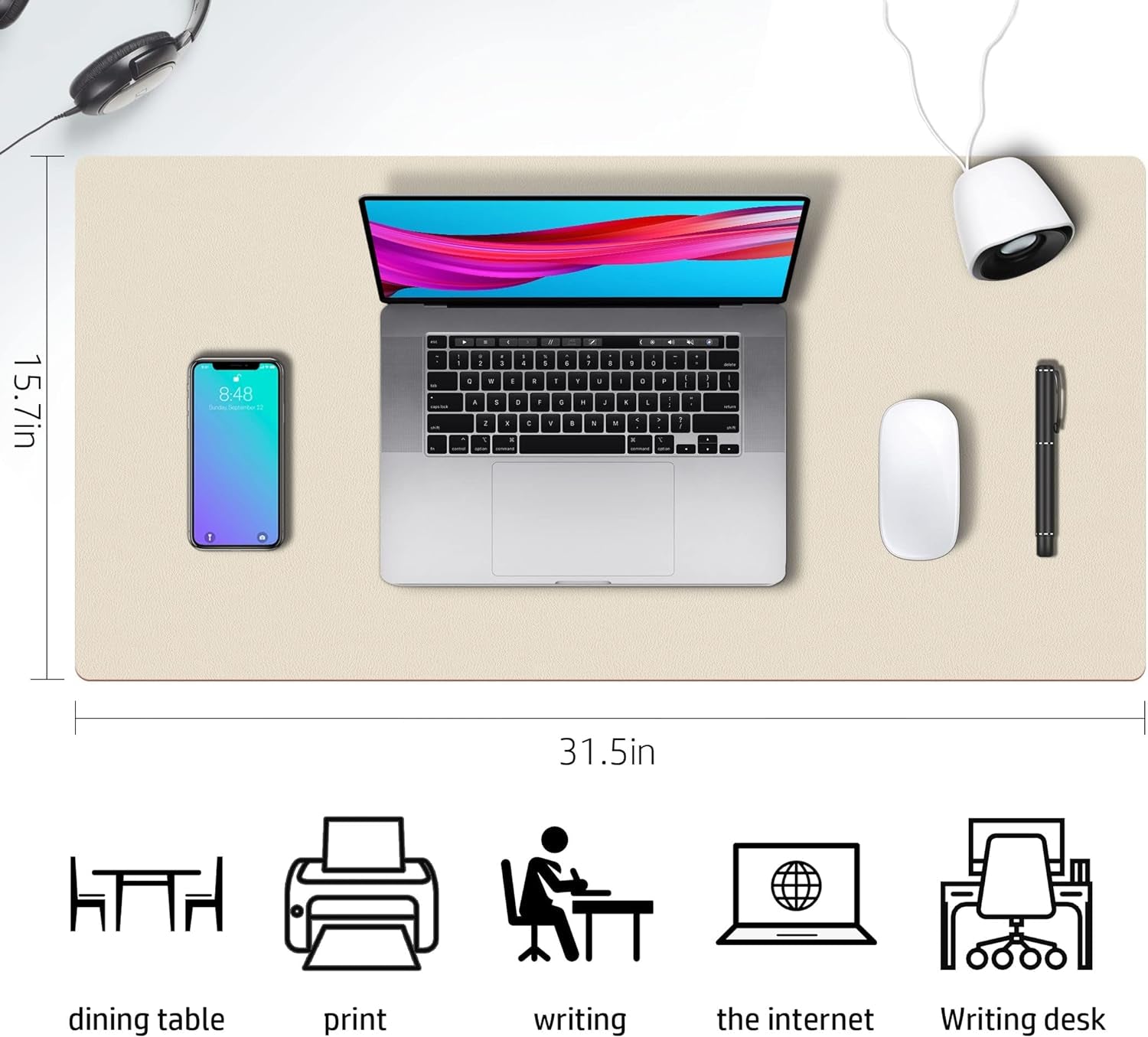 Double-Sided PU Leather Desk Pad - Non-Slip Large Mouse Pad & Desk Mat for Office, Home - Waterproof, Easy to Clean, Durable Dual-Sided Surface (31.5" X 15.7", Beige)