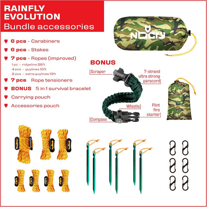 Rain Fly 10X10 Lightweight Survival Camping Tarp; 100% Waterproof; Makes a Great Backpacking Tarp or Hammock Shelter; Comes in Multiple Colors, Survival Bracelet Included; Camo